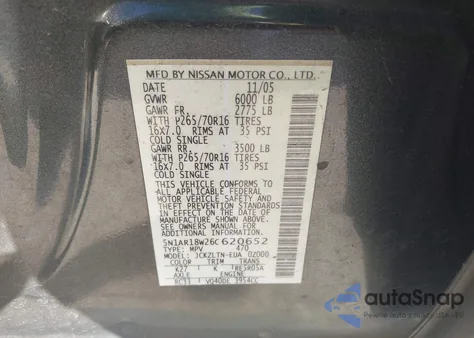 2006 Nissan Pathfinder Se z USA, uszkodzony, nr VIN 5N1AR18W26C620652